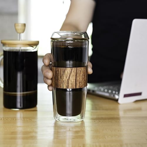 Juego de 2 tazas de vidrio doble pared de 14 oz con tapa miniatura 2