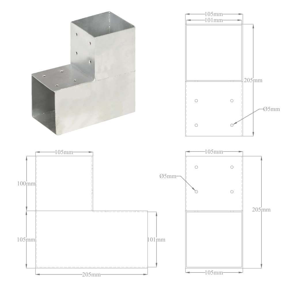 vidaXL 4x Pfostenverbinder L-Form 2 Hülsen Balkenschuh Holzverbinder Eckverbinder Pfostenecke Balken Verbinder Feuerverzinkt Verzinktes Metall 101x101mm