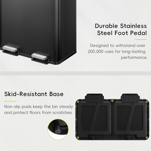 EKO EcoCasa Plus 2 x 10.6 Gal (2 x 40 L) Dual Trash Can for Kitchen, Large Stainless Steel Step-On Garbage Can, Trash and Recycle Bin Combo with Soft-Close Lids, Removable Buckets, Matte Black by EKO - Used condition - Image 8
