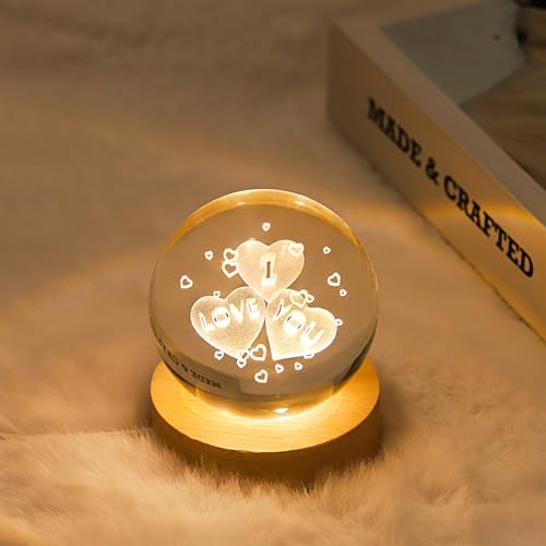 Image of 3D Heart Crystal Ball Lamp with Dimmable LED and Wooden Base, Night Light for Kids Teens Adults, Home Desk Office Bedroom Decor, Birthday Gift (2.4 inch / 6cm)