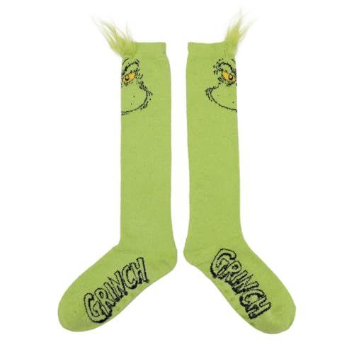Bioworld The Grinch Character Face Meias femininas de chenille verde na altura do joelho, The Grinch