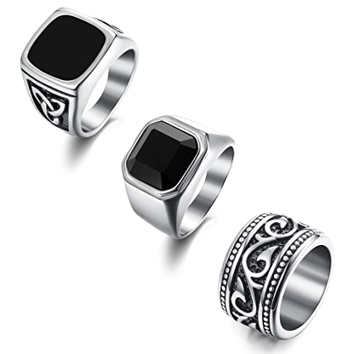 Florideco 3Pcs Stainless Steel Rings for Men Vintage Biker Band Rings Set Wide Signet Ring Silver/Gold Size 7-15 (Silver, 13)