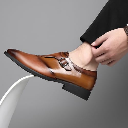 Image of SANNAX Monk Strap Men's Dress Loafer Shoes Plain Toe Classic Oxfords Shoes for Formal Business Wedding