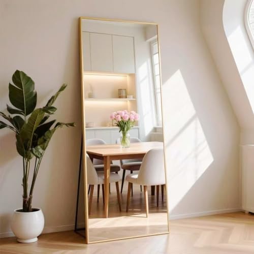 BONEWEI Espejo de Pie 161 x 52 cm, Espejo Rectángulo de Cuerpo Entero con Marco de Aluminio Dorado, Espejos Grandes de Pared Inclinado o Colgante para Salón, Dormitorio, Entrada