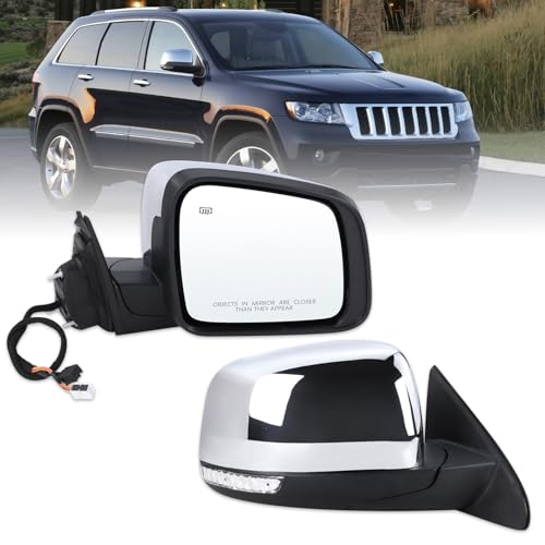 Lqito Right Passenger Side Mirror Compatible With 2011-2016 Jeep Grand Cherokee With Manual Folding Power Glass Heated Turn Signal Mirror Memory Chrome Replace#57010704AJ(11Pins)
