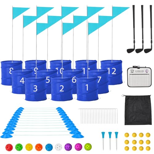 JFHID Bucket Yard Golf Game with Clubs 9 Hole Set Portable Low Tide Golf Game for Beach Backyard Lawn with 2 Golf Outdoor Indoor Golf Chipping Games for Adults Family Club Party (Blue, 12 Bucket)