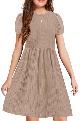 YOVION Girls Summer Dress Crew Neck Puff Sleeve Plain A-Line Casual Knit Dresses with Pockets for 6-12 Y2