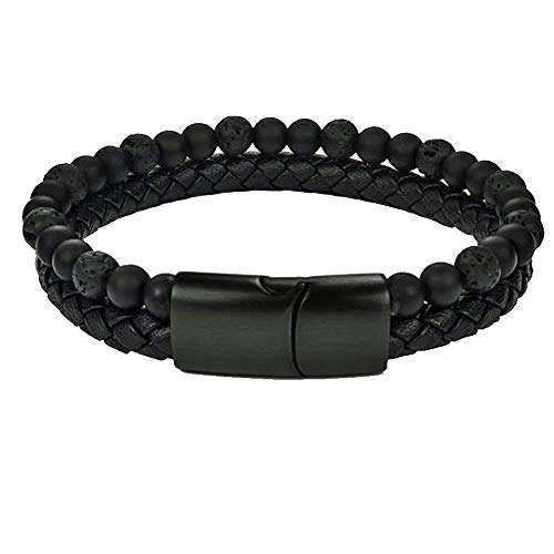 Forziani Multilayer Black Leather And Black Onyx Lava Stone Bracelet For Men - Mens Braided Leather Stainless Steel Wrap Wristband Cuff Bracelet - Size Medium - Gift Box Packaged - Best Gift For Men #TOP1