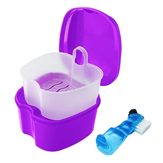 Colorful Denture Bath Case with Brush, Denture Cup Soaking Holder False Teeth Container Mouth Guard Storage Case Cleaning with Lid Waterproof - Purple