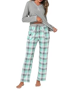 Ensemble Pyjama Femme Uniexcosm Hiver Coton Longues Manches avec Poches Latérales Impression 4 S Carreaux Col Ronde
