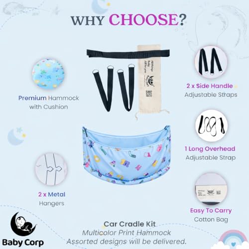 Image of Car Cradle for 0 to 3 Year Baby | Carr Jhula for Travelling with Newborn Inbuilt Gaadi Hammock, Adjustable Travel Nylon Belts, Mosquito Net & Hangers