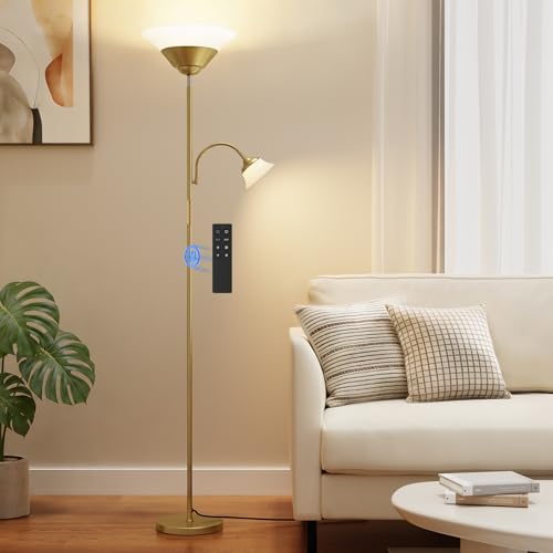 Image of SIBRILLE 2-in-1 Torchiere Floor Lamp, 34W Super Bright LED Standing Lamp with Remote & Touch Control, 72 inch Dimmable Adjustable Corner Reading Lamp for Living Room, Bedroom, Office, Gold
