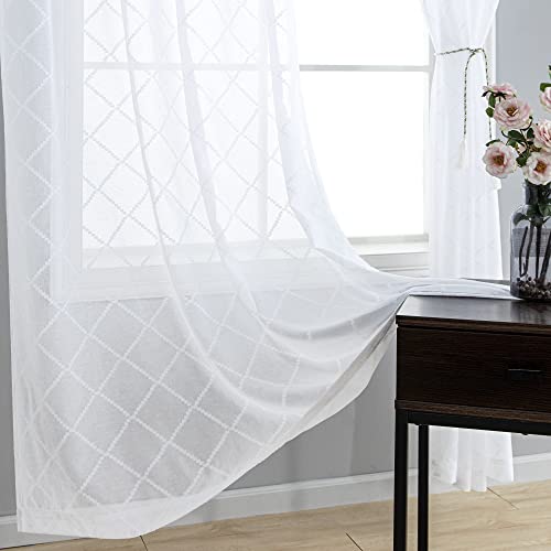 Textured Sheer Curtains 84 Inch Length For Bedroom 2 Panels Set Rod Pocket Geometric Trellis Lattice Pattern Design Light Filtering Semi Sheer Embroidered Curtain & Drapes For Living Room Window White #TOP4