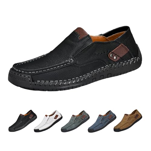 Men's Leather Casual Slip-On Loafers Driving Walking Shoes,Vintage Trendy Comfy Hand-Stitching Non-Slip Dress Flats