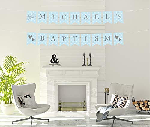Andaz Press Baby Blue And Gray Boy Baptism Collection, Personalized Hanging Pennant Party Banner With String, Thanks For Celebrating Michael's Baptism, 6-Feet, 1 Set, Custom Name #TOP3