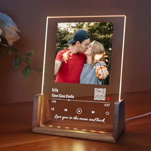 Hilldesign Custom Picture Music Plaque with QR Code, Personalized Photo Frame song Plaques for Boyfriend Girlfriend, Customized Acrylic Glass Art Album Cover Night Light Gifts for Couple Her Dad