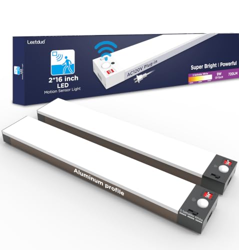 Image of Leetdud Under Cabinet Lighting Plug in 16 Inch, 120V Motion Sensor Lights Indoor, 3CCT 3000 /4000 /5000K, Aluminum Linkable Super Bright LED Counter Light with Timer for Kitchen, Closet, Black, 2 Pack