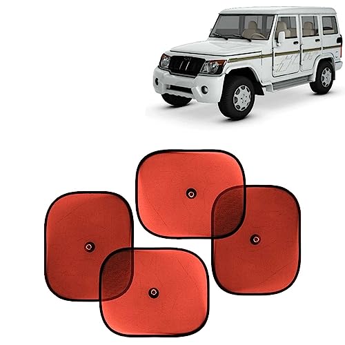 Image of KINGSWAY Car Window Curtain Sticky Sun Shades Compatible with Mahindra Bolero, (Year 2000-2019), Universal Fit Sunshades for Side Window, Rear Window, Red Color, 4 Pieces