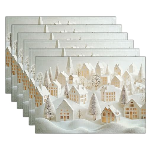 Salvamanteles Individuales Pueblo De Invierno Juego de 6, Manteles Individuales Hermosa Escultura De Papel Resistentes al Calor Mantel Individual Antideslizante para Mesa de Cocina, Blanco