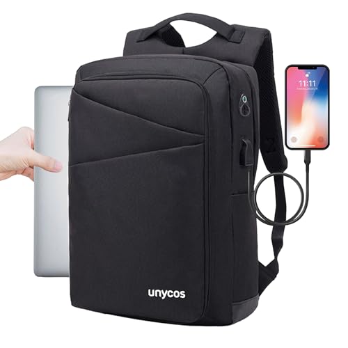 unycos - Mochila 18L para Portátiles y Netbooks de hasta 15,6 Pulgadas, Impermeable, Puerto de Carga USB, Mochila de Hombre y Mujer Ergonómica para Trabajo, Viajes, Colegio y Uso Diario (Negro)