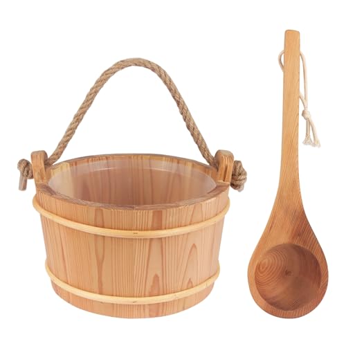 NetLea 6L-1.6Gal Cedar Wood Sauna Bucket and Ladle Set, Complete Handmade Wooden, 14.5â€³ Sauna Ladle,Premium Cedar Sauna Accessories Kit for Steam Sauna, Natural Wooden Bucket for Sauna