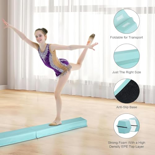 Saicool 6FT 9FT Folding Gymnastics Bar, Balance Beam Gymnastics Floor Beam with Anti Slip Bottom, Gymnastics Equipment for Kids Adults Home Gym Club School, Teal (Teal, 9FT)