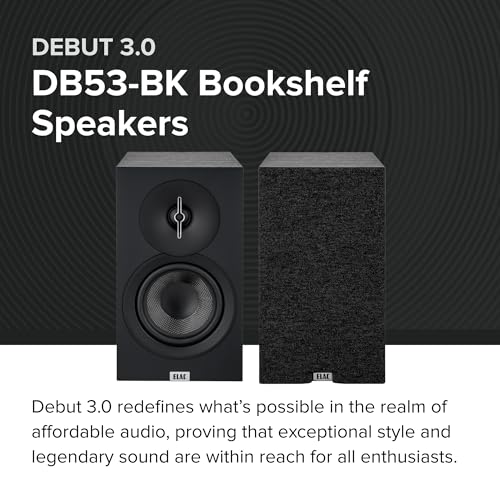 Image of ELAC Debut 3.0 DB53-BK Bookshelf Speakers, Black Ash (Pair) - 1 inch Aluminum Dome Tweeter & 5.25 inch Aramid Fiber Woofer - 2-Way Bass Reflex - 48Hz to 38KHz Response