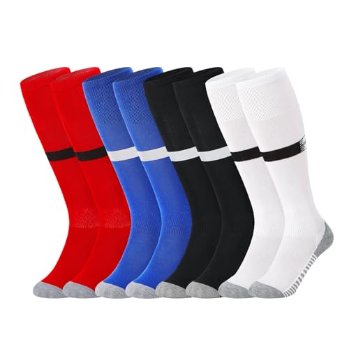 Zuimei 4 Pairs Kids Football Socks, Boys Football Socks Kids Breathable Soccer Socks Knee High Sock for Boys Running Training, Aged 8-12(Black+White+Blue+Red)