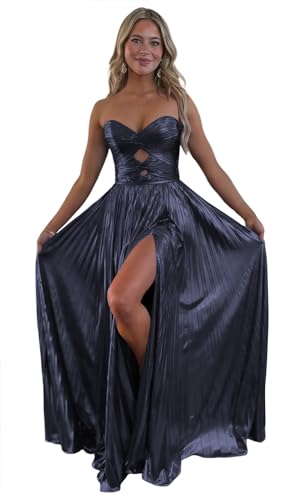 Loyeloy Sparkly Metallic Prom Dresses with Slit A Line Keyhole Satin Long Prom Ball Gowns for Women