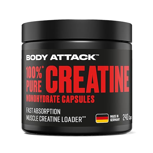 Body Attack Creatin Monohydrat 240 Kapseln - Made in Germany - hochwertiges mikrofeines Kreatin Monohydrat - hochdosierte Creatin Kapseln für die praktische Einnahme