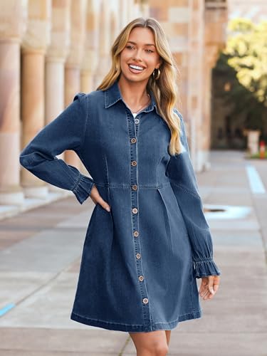 Simplee Womens Denim Dress Long Sleeve 2025 Fall Western Outfit Babydoll Button Down Mini Jean Dresses Trendy with Pockets3
