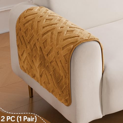 Image of HOKIPO 'Velvet Maze' Premium Anti-Slip Sofa Armrest Covers| 1 Pair - Light Brown (AR-6278-LBR-L*2)