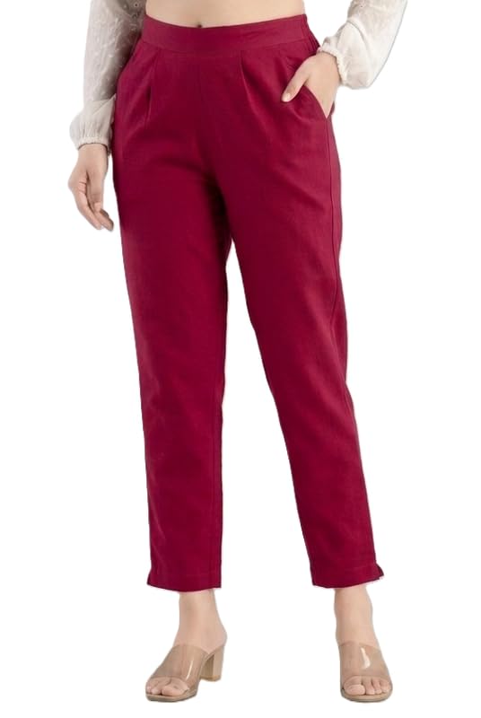Image of Solid Cotton Woman Trousers Pants Regular Fit Kurti Pant with Drawstring Daily Office Formal Casual Use