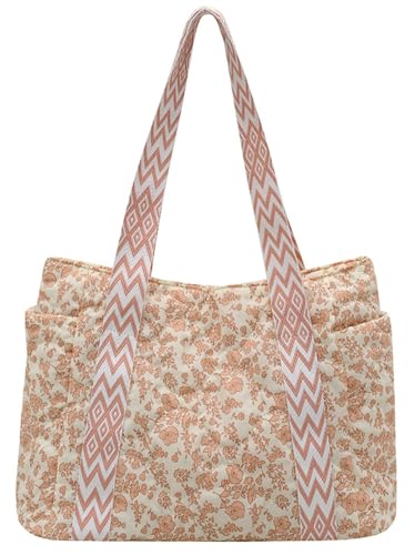 Women Quilted Tote Bag Floral Print Puffer Handbag Casual Work Purse Summer Beach Bag Cotton Shoulder Bag for Travel