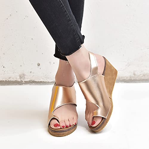 Orthopedic Bunion Corrector Sandals for Women Comfy Platform Wedges PU Leather Shoes Summer Ankle Strap Flip Flops Casual Walking Shoes,Gold,US7/EU382