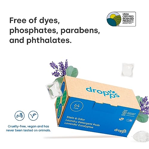 Dropps Stain & Odor Laundry Detergent | Lavender Eucalyptus, 64 Pods | Low-Waste Packaging | Works In All Machines - High Efficiency (He) Compatible | Powered By Natural Plant-Based Ingredients #TOP6