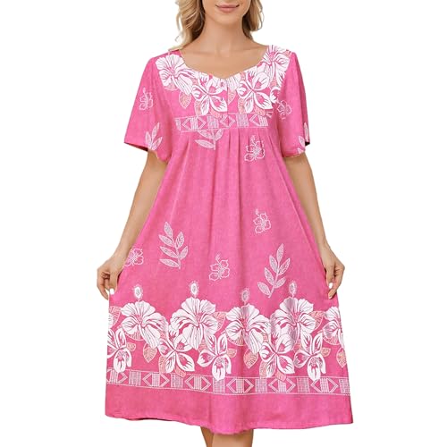 Image of House Dresses for Women with Pockets Mumu Dresses Short Sleeve Moo Moos for Women Nightgown Duster Lounge Dress S-3XL