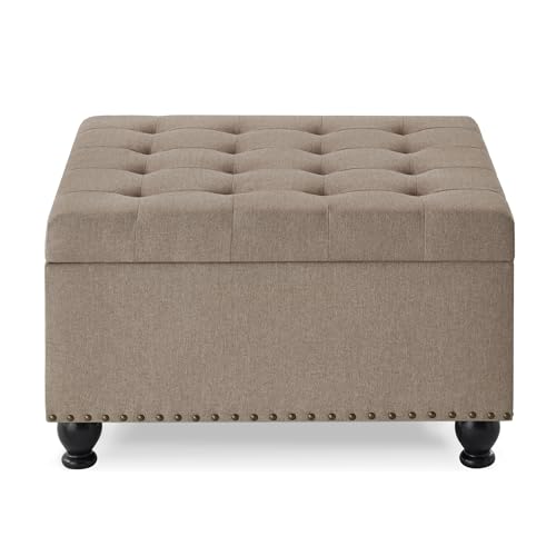 KEIKI 30Inch Large Storage Ottoman for Living Room, Oversized Square Tufted Upholstered Coffee Table with Solid Wood Legs,Linen Brown by KEIKI - Used condition - Image 4