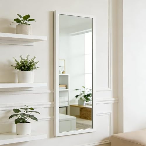 Image of whitebeach 48 inch x 16 inch Over The Door Full Length Mirror Wall Mounted Hanging with 2 Metal Hangers for Bedroom Living Room Bathroom White