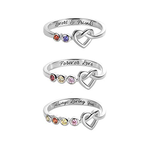 AILIN Knot Love Rings with 2-4 Birthstones 925 Sterling Silver Heart Rings Wedding Bands Promise for Women Mother Couple Family Valentine' Day Gifts