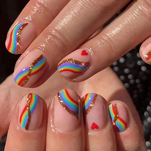 24 Pcs Rainbow Press on Nails Short Fake Nails Glossy Square Shape Press on Nails Full Cover Stick on Nails With Designs Glittering Acrylic Nails for Women Girls Manicure DIY