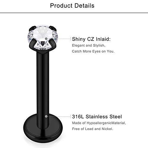 Lcolyoli 8 Pairs Stainless Steel Tragus Earring Clear Diamond Cz Forward Helix Hoop Cartilage Earring Studs Eyebrow Barbell Lip Labret Rings Body Piercing Jewelry Kit For Women Men Black #TOP1