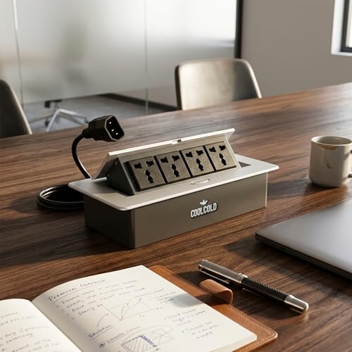 Image of COOLCOLD Hydraulic Cable Cubby Pop Up, Cable Manager Electrical Box with 4 Power Socket | Flip-Top Hidden Desk Module for Office, Home & Conference Table | Space-Saving Flush Mount Design (Silver)