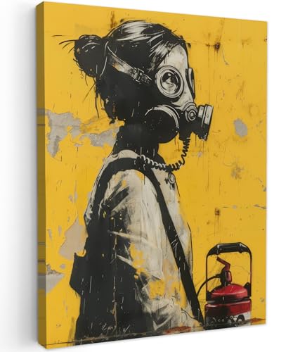 MuchoWow© Laminas Cuadros de Salon para Dormitorio 50x70 cm Lienzos Decoración Pared Cuadro Habitacion Decoracion Vintage - Street art - Chica - Máscara - Amarillo - Banksy