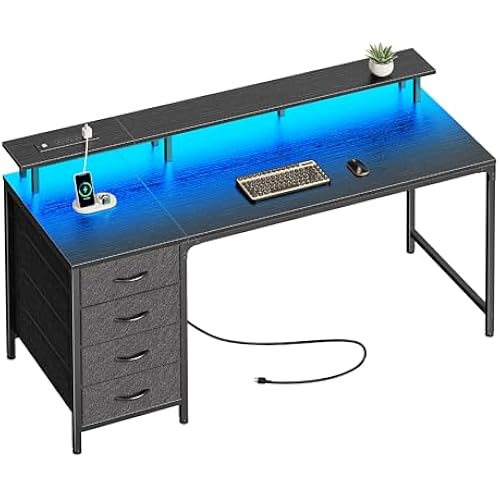 Huuger 55 Inch Computer Desk with Power Outlets and LED Lights, Gaming Desk with 4 Drawers, Office Desk with Monitor Stand, Study Work Home Office, Black