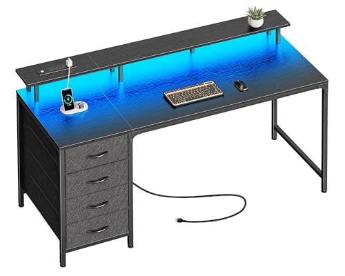 Huuger 55 Inch Computer Desk with Power Outlets and LED