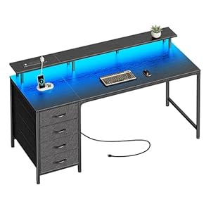 55 Inch Computer Desk with Power Outlets and LED Lights, Gaming Desk with 4 Drawers, Office Desk with Monitor Stand, Study Desk Work Desk for Home Office, Black