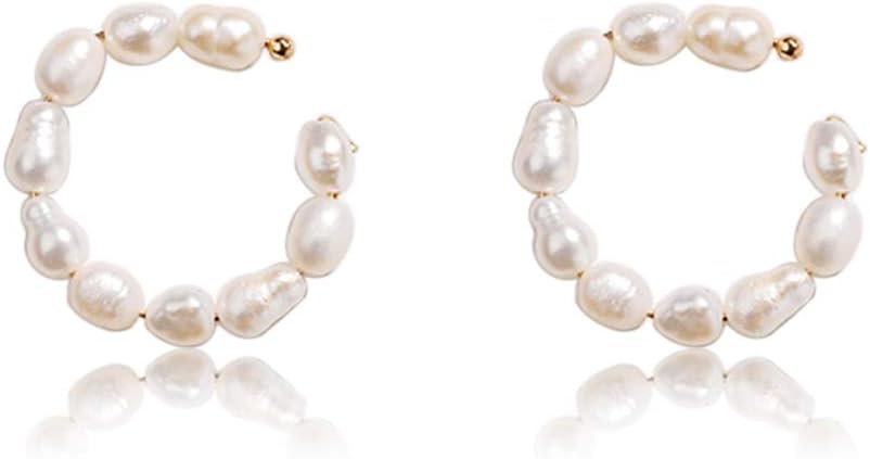 RareLove 1 Pair 15mm Faux Pearl Hoop Huggie Earrings Gold Ear Cuff No Piercing Need