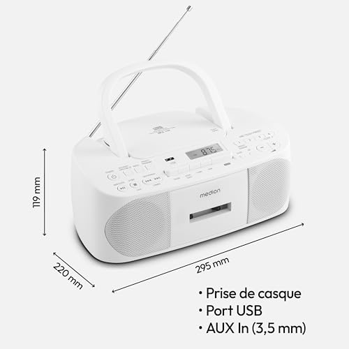 MEDION Radio stéréo E65010 (Lecteur CD, Cassette, Connexion USB, entrée Audio AUX, Lecture MP3. Radio FM PLL, mémoire 40 Stations, Fonctionnement sur Batterie, télécommande) Blanc