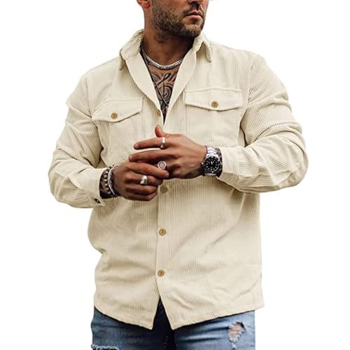 MakingDa Mens Corduroy Shirts Long Sleeve Button Down Shirt Casual Shacket Jacket with Pockets Beige XXL - Image 7